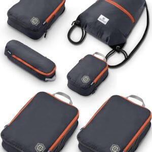 Large Compression Packing Cubes 6 Piece Set for Travel with Lightweight Laundry Bag/Drawstring Backpack for Carry-On Suitcase (Grey/Orange)