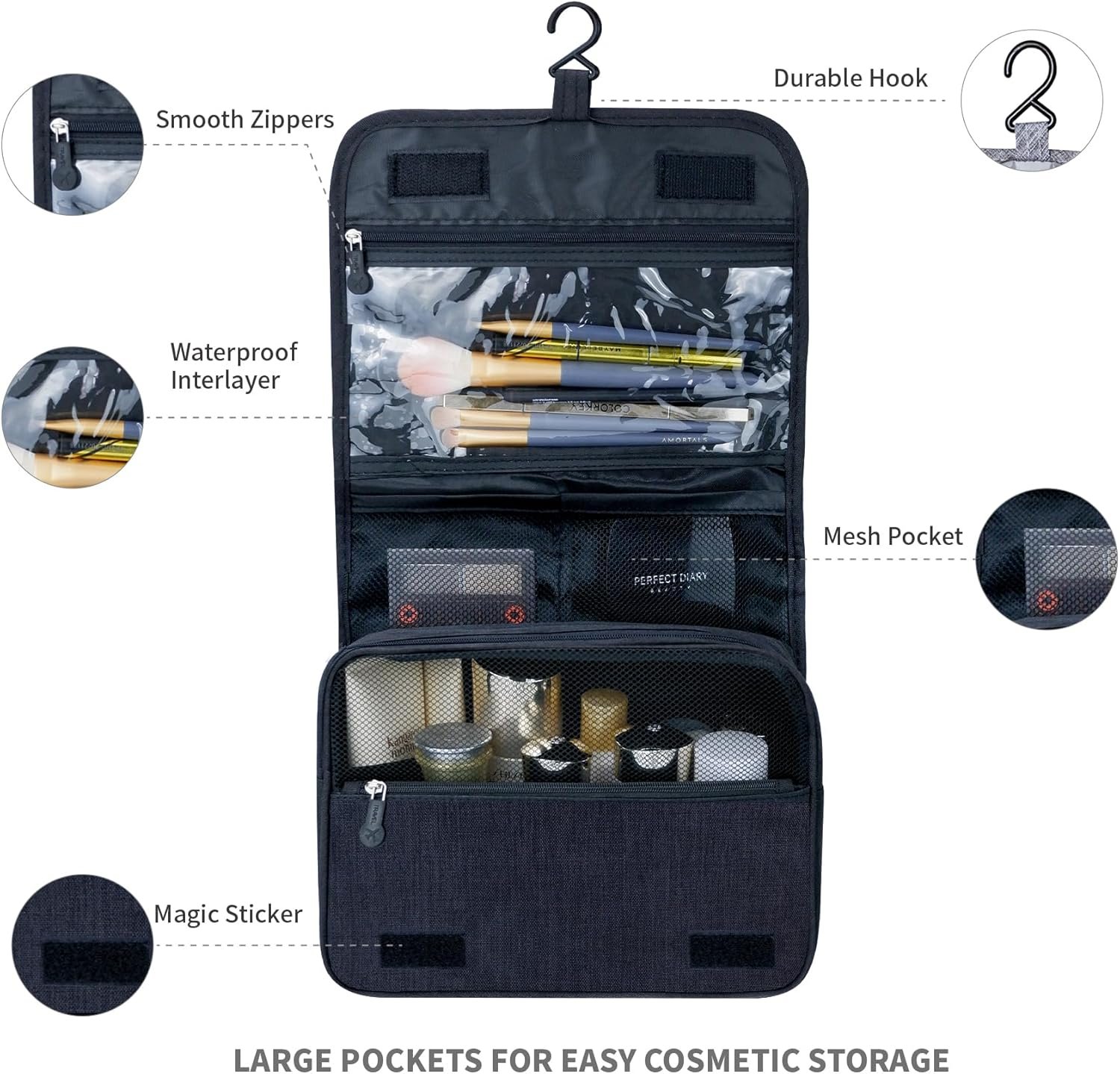 Large Capacity Toiletry Bag Travel Bag with Hanging Hook for Men and Women Waterproof Travel Cosmetic Bag Bathroom Storage Bag for Brushes Set,Full-Sized Shampoo,Toiletries,Accessories-Black - Image 2