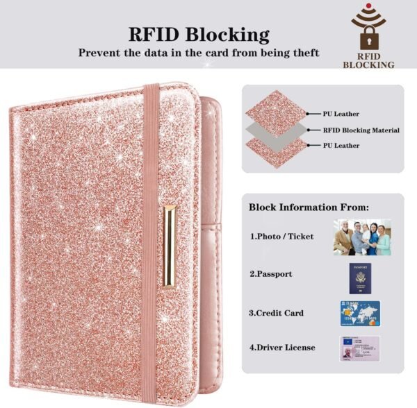 Passport and Vaccine Card Holder,Traveling Passport Cover with CDC Vaccination Card Slot RFID Blocking Passport Wallet for Women and Men, Glitter Rose Gold - Image 5