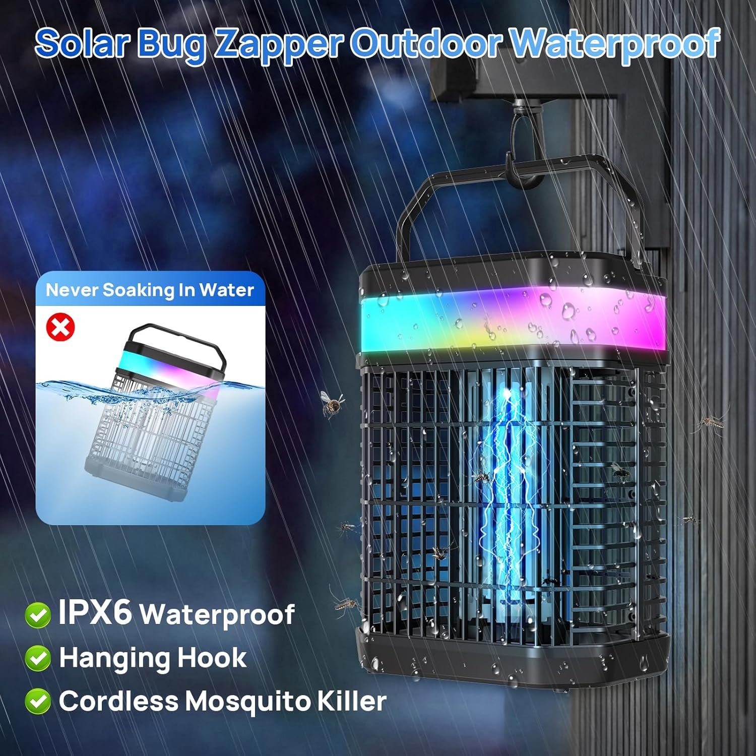 Solar Bug Zapper Outdoor 4000V Mosquito Zapper Solar 2IN1 Bug Repellent Outdoor Patio with 5500mAh Battery&LED,Electric Fly Zapper with Hook,Cordless&Rechargeable Mosquito Repellent for Patio Camping - Image 6