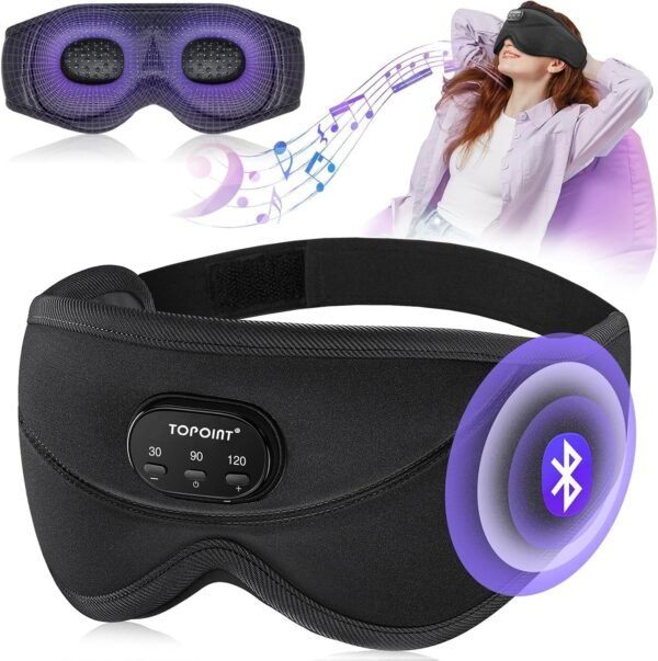 TOPOINT Sleep Mask with Bluetooth Headphones, 3D Eye Mask for Sleep Headphones with White Noise, Total Blackout, 5.4 Bluetooth, Timer, 15 Hours for Women Men, Travel, Meditation, Nap, CPAP Users