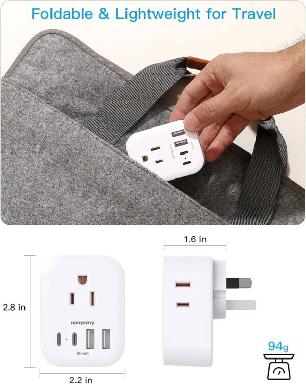 European Travel Plug Adapter, HANYCONY Foldable International Power Adapter, Type C Adapter with 4 Outlets 4 USB Ports (2 USB C) for US to Most of Europe EU Italy Spain Greece Portugal France Germany - Image 5