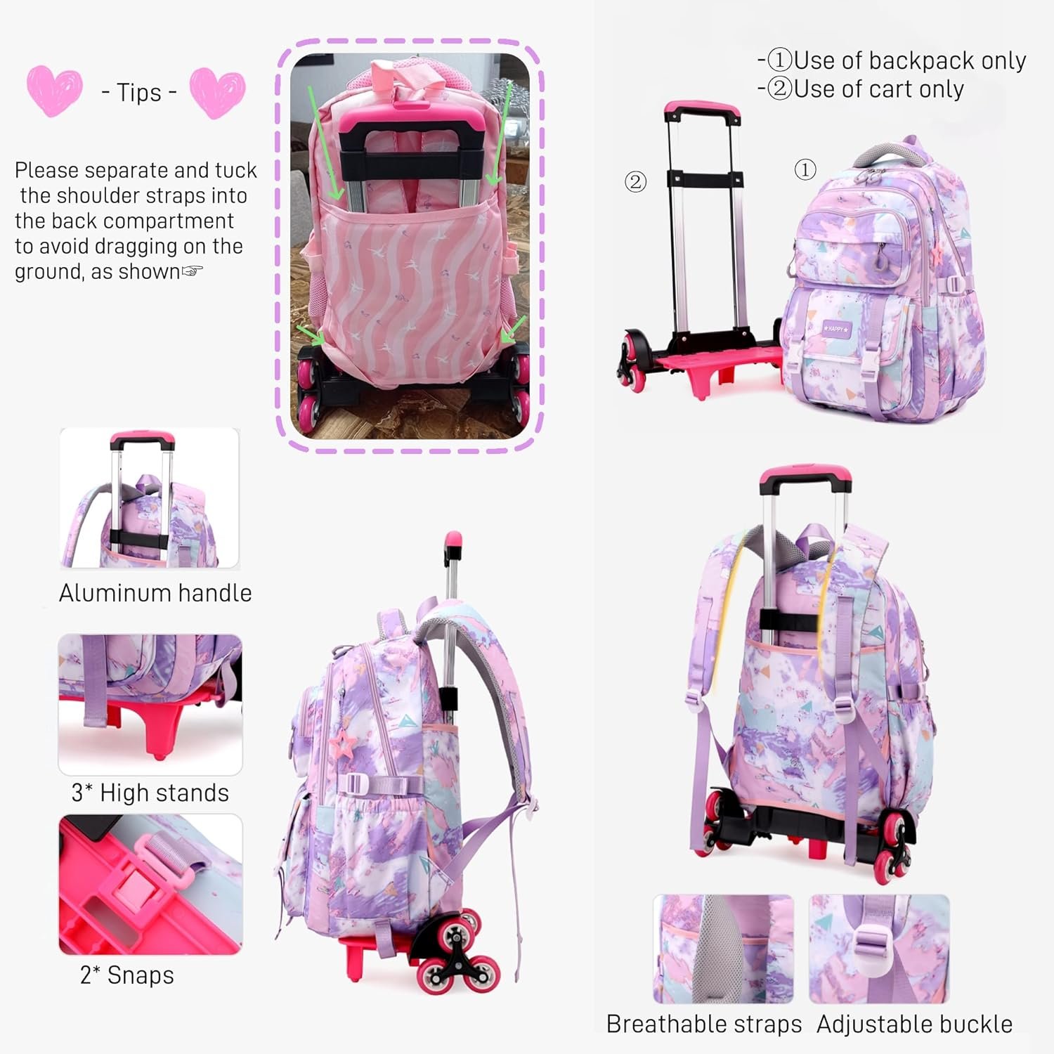 Kids Rolling Backpack for Girls School Backpack with Wheels for Boys Wheeled Bookbags Roller Trolley Bags for Primary Students, 6-Wheel Black - Image 6