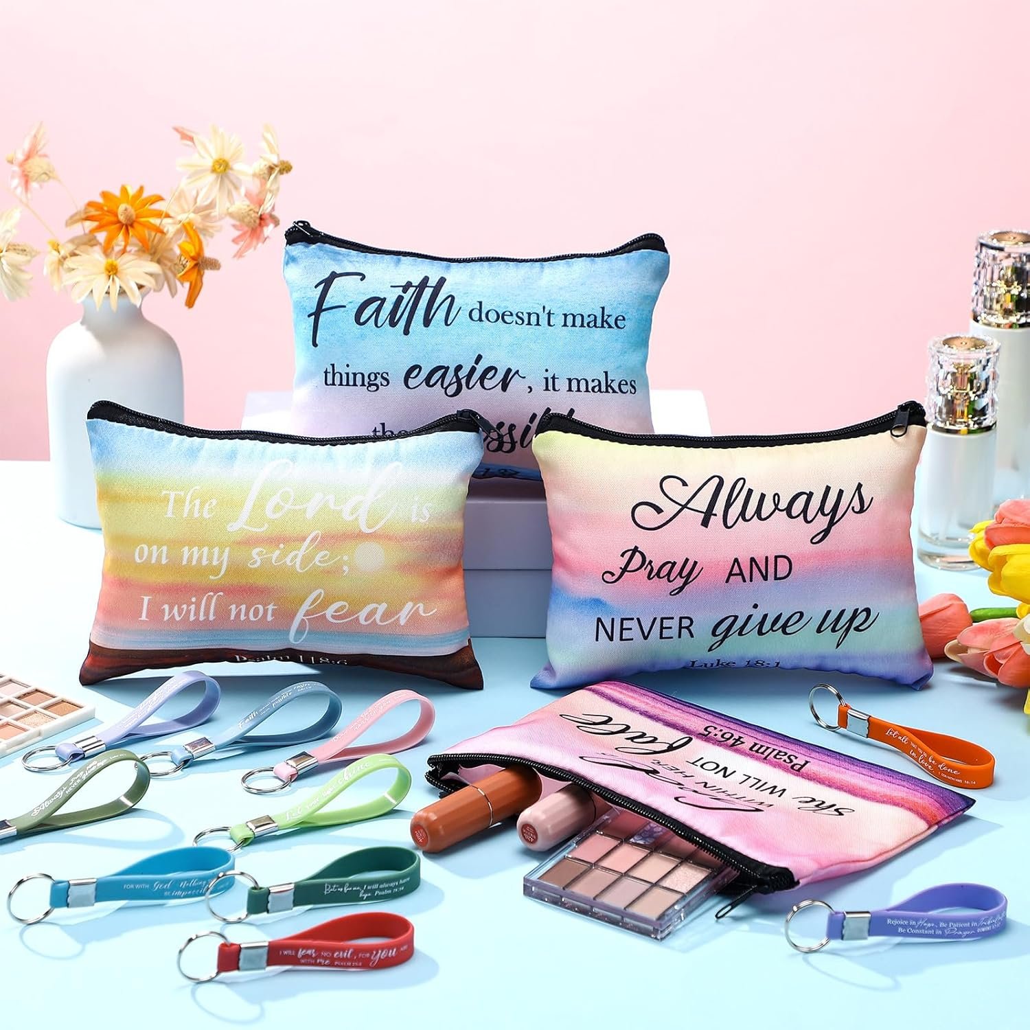 Hillban 32 Pcs Canvas Cosmetic Bag Bulk with Inspirational Quote Keychains Women Canvas Makeup Bag Graduation Gift Travel Toiletry Coin Pouch for Graduation Mother's Day Birthday Party (Landscape) - Image 5