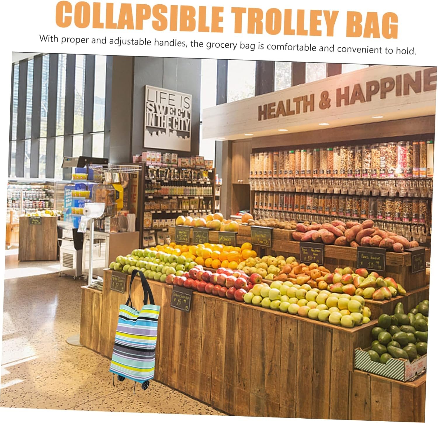 Large Capacity Foldable Grocery Shopping Bag Trolley with Adjustable Handles and Smooth Wheels Portable Reusable Market Cart for Groceries and Daily Shopping - Image 3