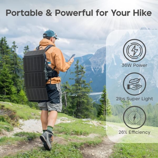 E-LiPower Portable Solar Panel 36W | 26% High-Efficiency Foldable Solar Panels with USB QC and PD Quick Charge for Camping, Hiking, Outdoor Trip, Compatible with Phones, Ipad & Tablets - Image 5