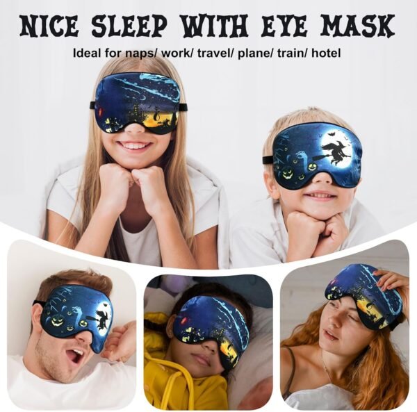 2 Pcs Sleep Eye Mask Halloween Pumpkin Wizard Bat Eye Mask with Adjustable Strap Spooky Black Cat Eye Cover Soft Lightweight Blindfold for Kid Teen Men Women Home Travel Yoga Nap Blindfold Game - Image 7