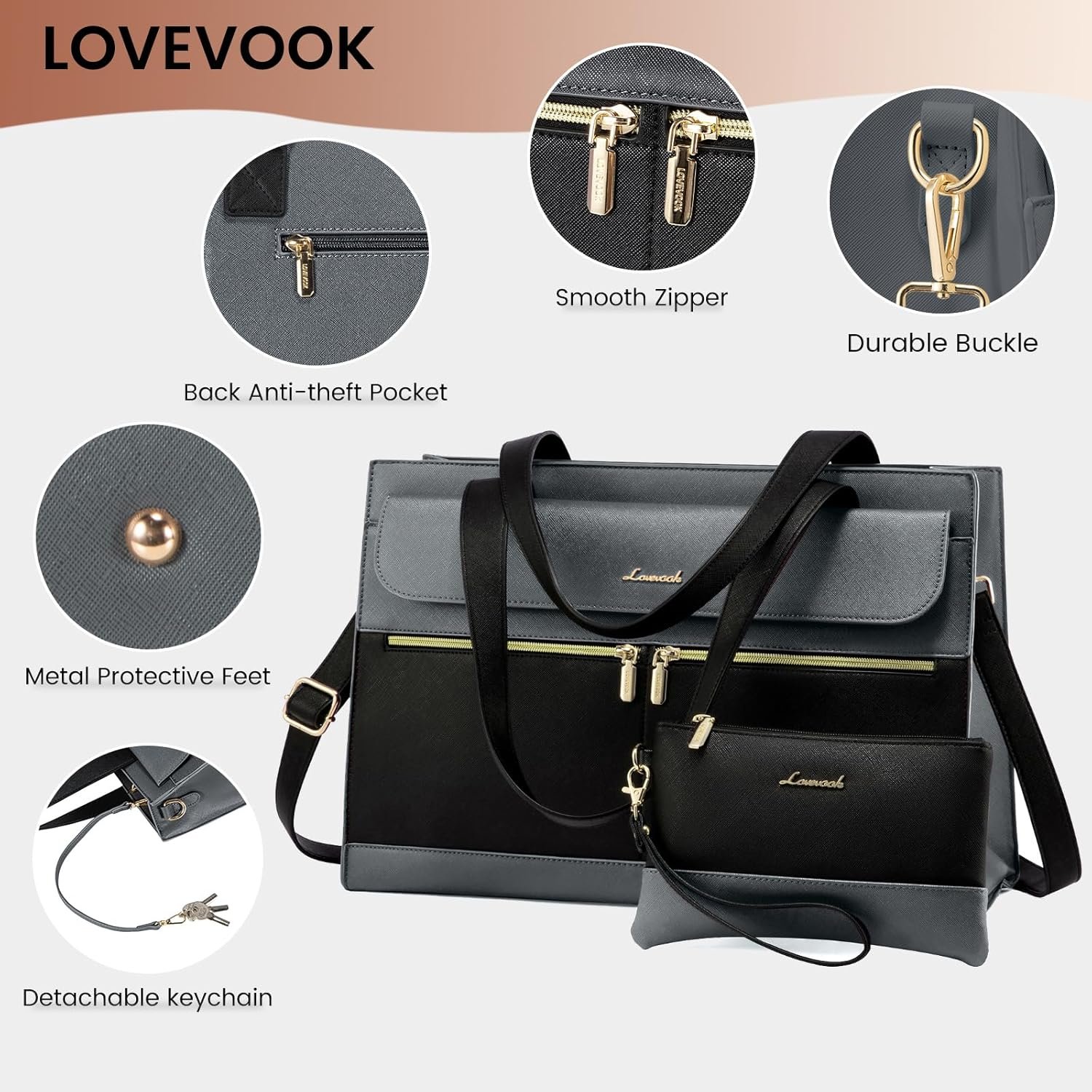 LOVEVOOK Laptop Tote for Women - 15.6 Inch Professional Leather Computer Briefcase - Waterproof Shoulder Bag - Large Capacity Business Teacher Office Bag - Crossbody Purse - Image 4