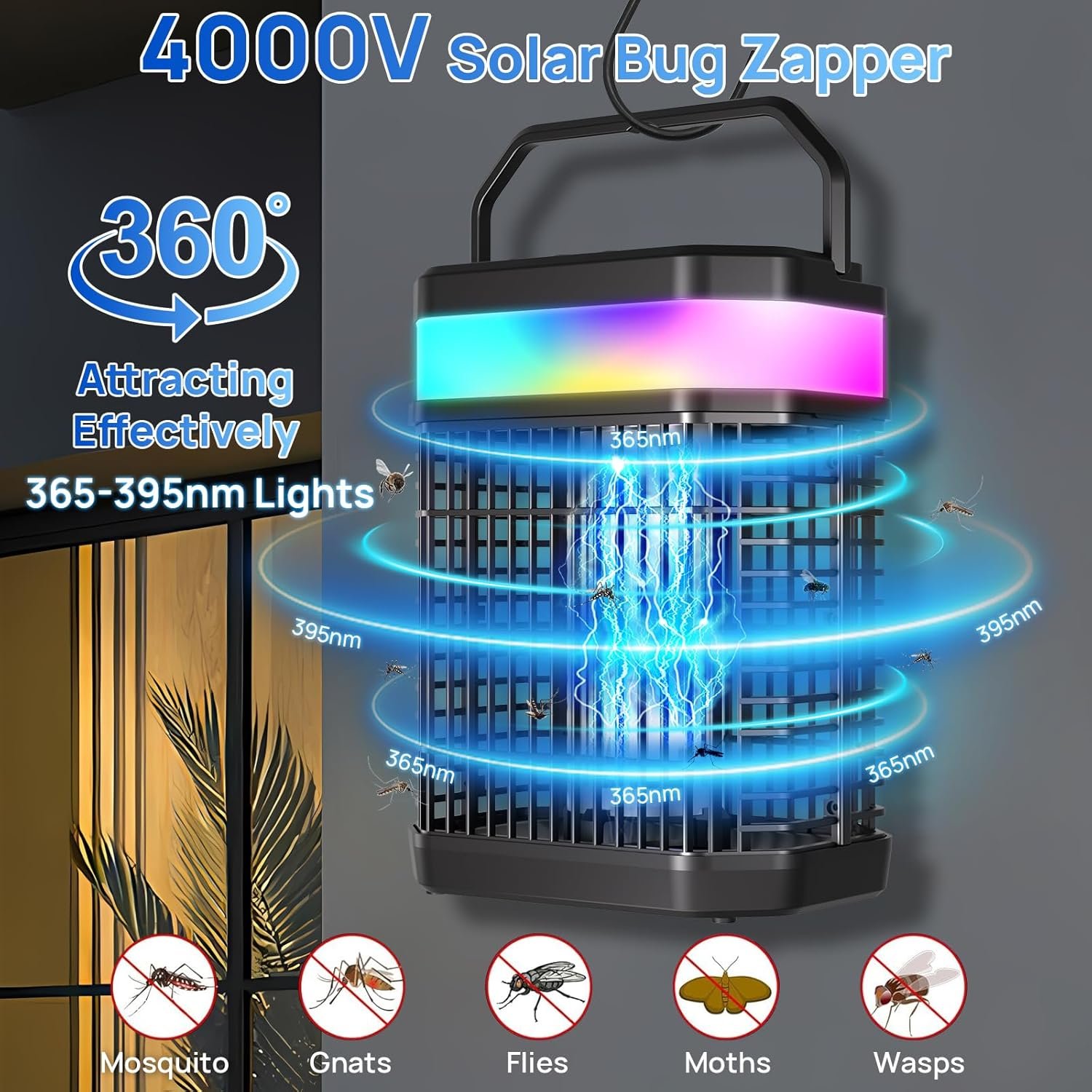 Solar Bug Zapper Outdoor 4000V Mosquito Zapper Solar 2IN1 Bug Repellent Outdoor Patio with 5500mAh Battery&LED,Electric Fly Zapper with Hook,Cordless&Rechargeable Mosquito Repellent for Patio Camping - Image 2