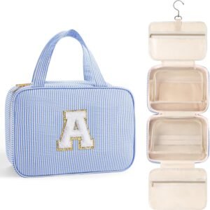 TOPEAST Travel Hanging Toiletry Bag Initial Makeup Bag for Women Teen Girls – Birthday Gifts for Women Teen Girls, Gifts for Daughter Sister Friends Mom Her – Letter A, Blue