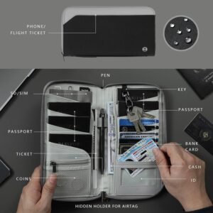 Travel Passport Holder for Family – RFID Large Travel Passport Wallet with Airtag & Card Holder Women Men, Lightweight Passport Cover Case Book Travel Document Organizer with Zipper Pocket,Black