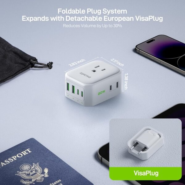 EPICKA Hybrid European Travel Plug Adapter, 2 Packs Foldable & Detachable Type C (EU) VisaPlug, 8-IN-1 International Power Adapter with 4 USB Ports (2 USB-C PD 20W), Travel Essentials for US to Europe - Image 5