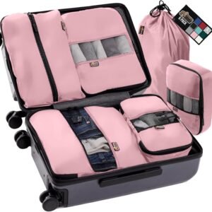 GORILLA GRIP 6 Set Packing Cubes, Travel Essentials for Suitcase, Mesh Organizer Bags for Clothes Toiletries Shoes and Laundry, Luggage and Carry On Airplane Accessories, Traveling Must Haves Pink