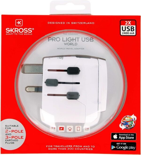 SKROSS Pro Light World Travel Adapter with USB | 3-Pole Travel Adaptor with Slide System | Designed for 200+ Countries | Compact and Reliable | White - Image 6
