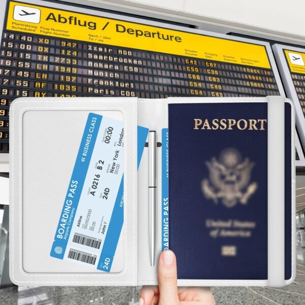 Passport Holder for Travel Essentials, RFID Premium Leather Passport Wallet Cover Case for Travel Must Haves Accessories, Passport Book Holders for Women Men Black White Cowhide - Image 5