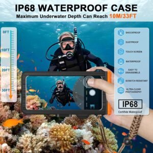 2025 Upgrade Waterproof Phone Case, Diving Snorkeling Swimming Scuba Underwater Touch Screen Photo Video Housing Cover for 16/15/14/13/12/11 Pro Max/XS/X Samsung Galaxy S25/S24/S23/S22 (Black Orange)