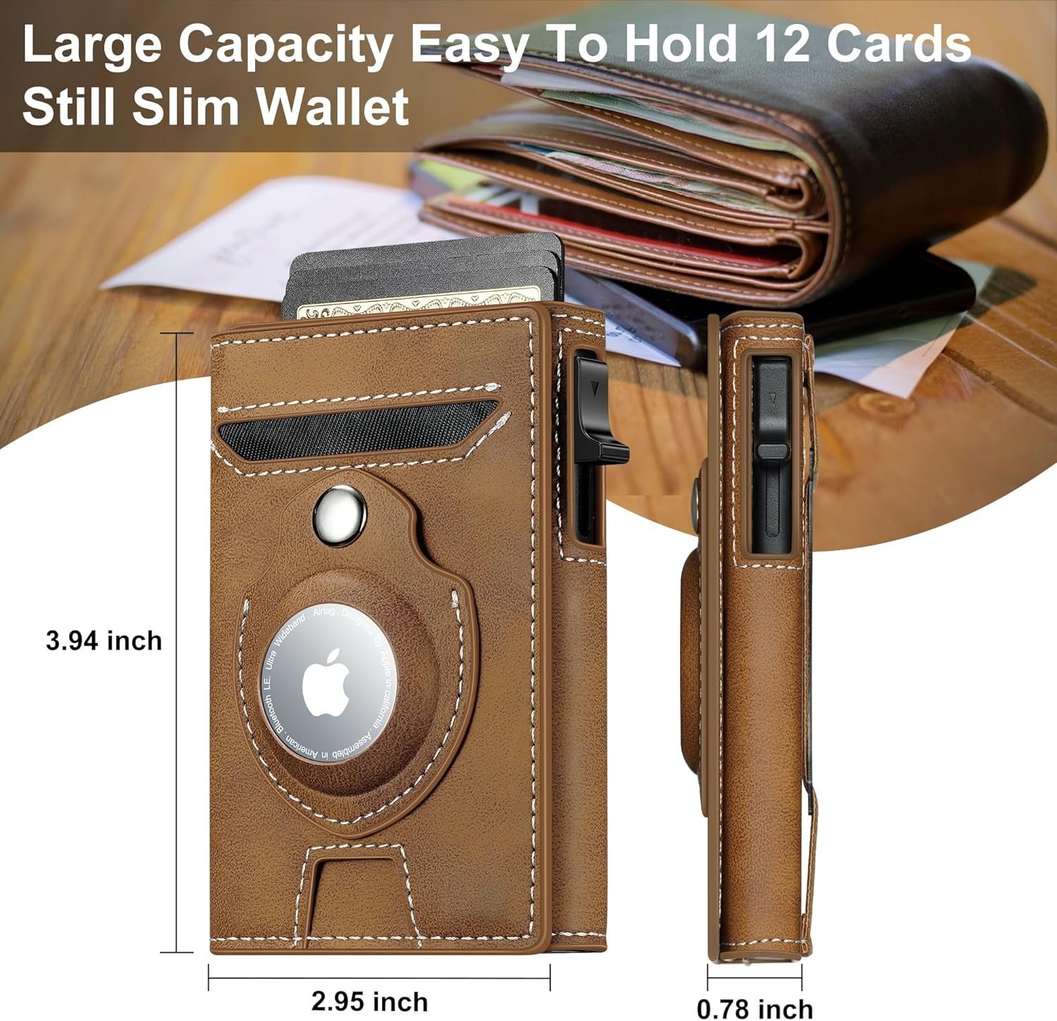 Smart Airtag Wallet for Men Slim: Pop up Card Wallet with Airtag Holder - Apple Air tag Wallet with Cash Strap - RFID Leather Trifold Wallet Men for Gifts - Image 6