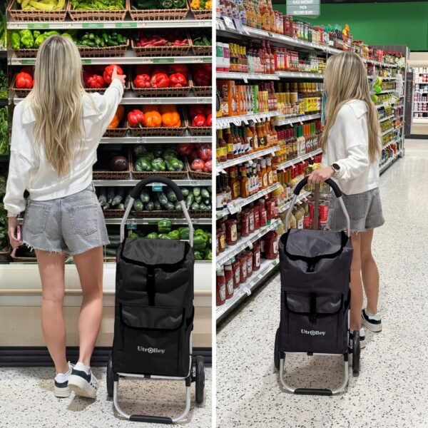 Ultra-Lightweight Black Foldable Shopping Cart for Groceries - Large 42L Capacity Soft Rolling Wheels, Removable Bag, Multi-Function Personal Hand Truck - Image 5