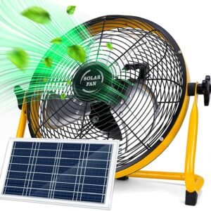 12″ Solar Powered Fan for Outdoor – 15000mAh Battery Powered Portable Camping Fan with 20W Solar Panel & AC Adapter Charging, Rechargeable Cordless Floor Fans for Home/Patio/Garage/Worksites