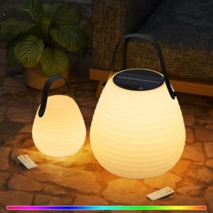 uuffoo 2-Pack Solar Table Lamp Outdoor Water-Resistant Portable Lantern with Remote and 8 Colors, Dimmable Cordless Lamp for Outside Garden Patio Camping Terrace
