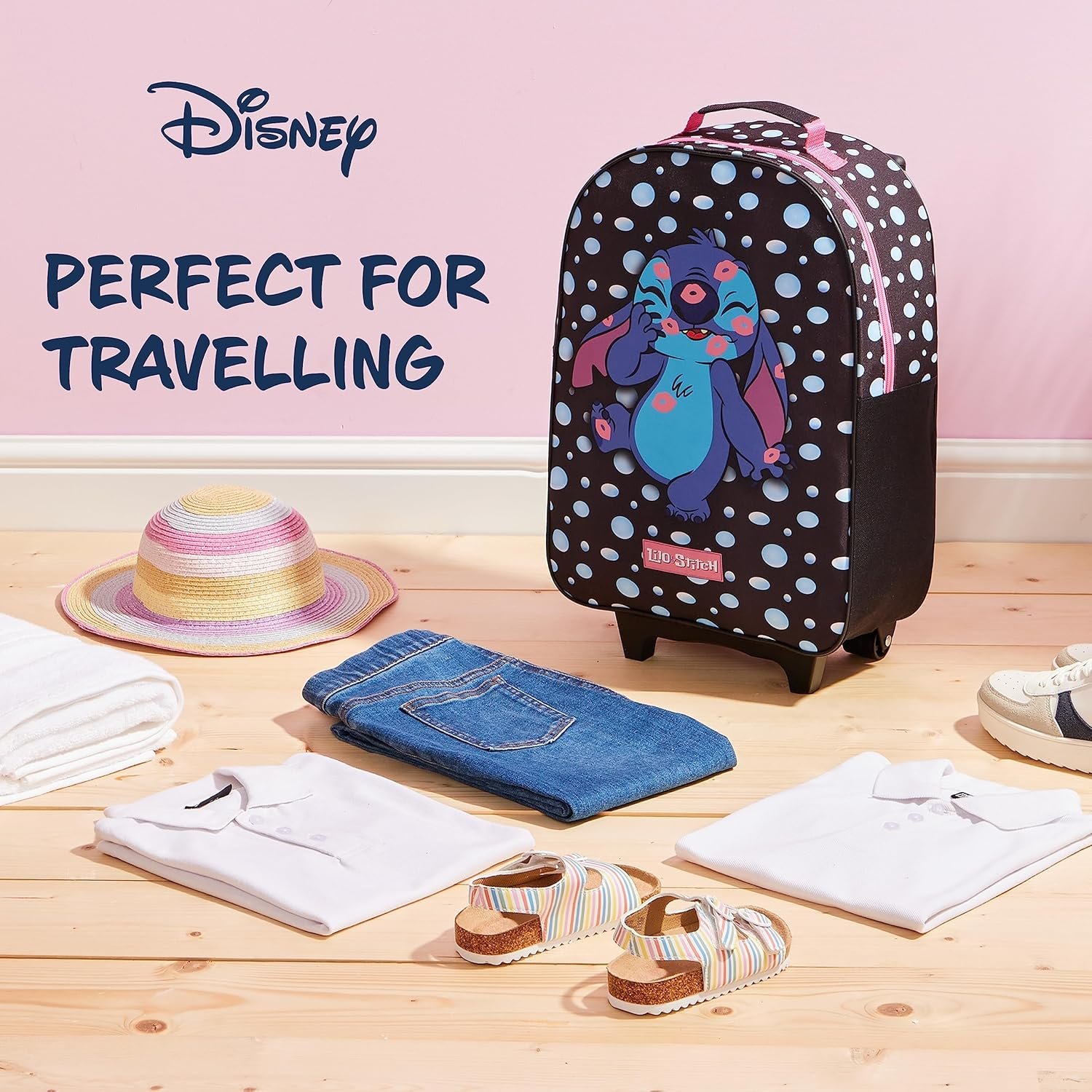Disney Kids Suitcase - Foldable Trolley Bag 47 x 30cm, 2 Wheels Extendable Handle - Kids Gifts (Black Stitch) - Image 3