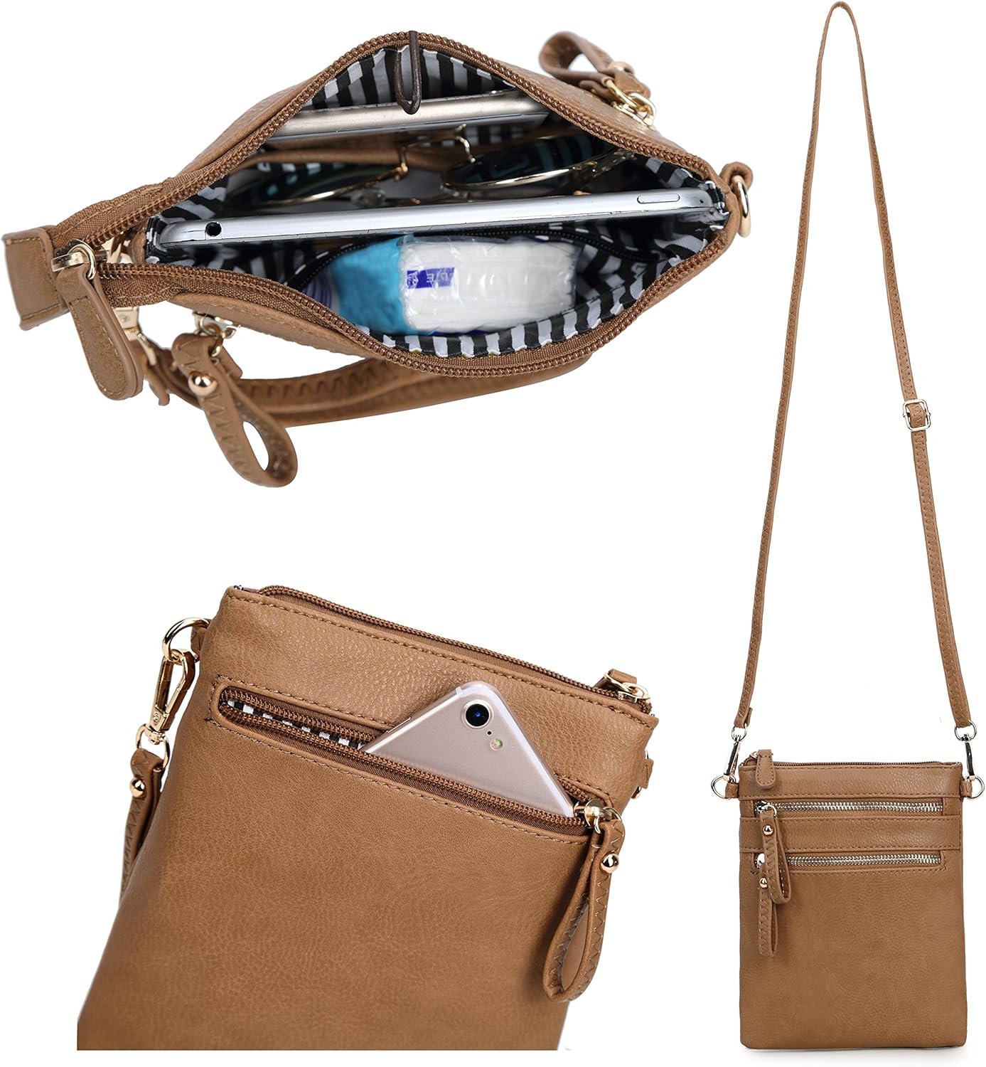 Solene Small Crossbody Bag for Women, Multi Zip Pockets with Detachable Wristlet, Lightweight Travel Purse, Cell Phone Pouch - Image 3