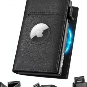 YESIIW Airtag Wallet for Men Compatible With Apple AirTag, RFID Blocking Leather Smart Wallet Air Tag Wallets, Pop Up Card Holder with Money Clip and ID Window Black