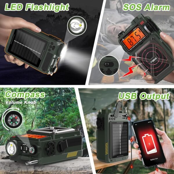 Greadio Portable Shortwave Radios with NOAA Weather Radio, 14800mWh Digital Radio AM FM with Bluetooth 5.4, Crank/Solar/USB Charging, Support USB/TF, Charger Pack/SOS/Flashlight for Outdoor, Emergency - Image 5