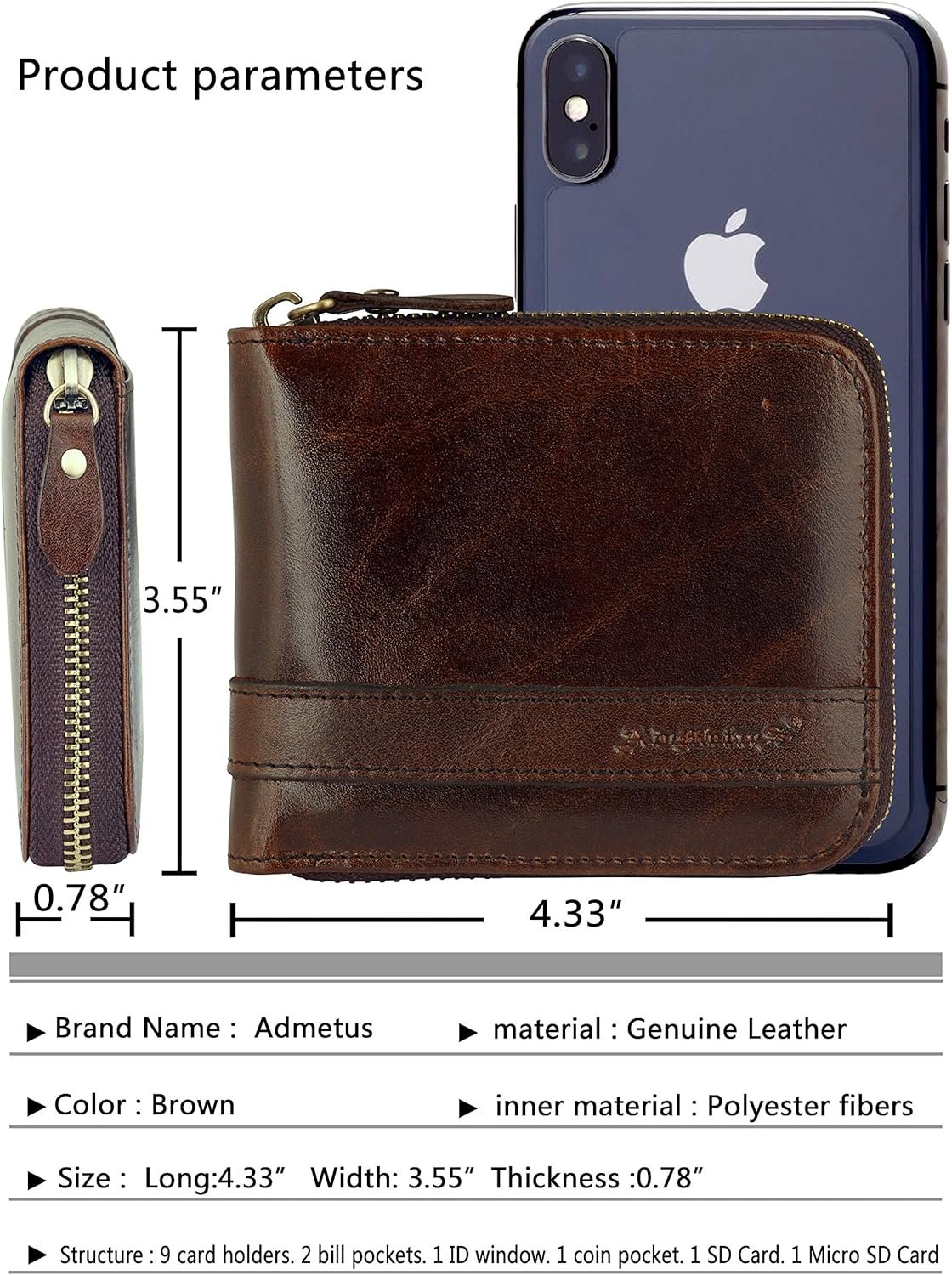 Admetus Men's Genuine Leather Short Zip-around Bifold Wallet - Image 5