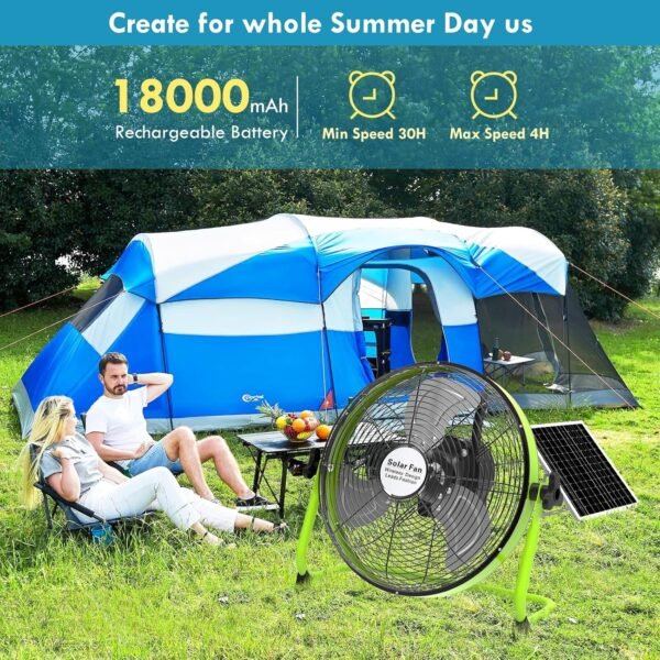 xingruyu 14 Inch Rechargeable Solar Powered Fan with Solar Panel Powered and AC Charger Dual Input, Solar fan for Household Camping Fishing Outdoors 360° Tilt, Portable Rechargable Fan - Image 3