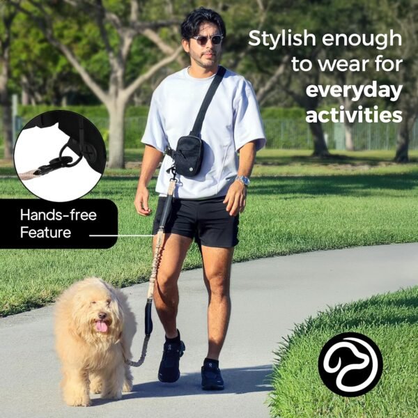 Hands Free Dog Leash with Poopy Bag Dispenser and Dual Bungee, Crossbody Bag Storage - for Medium and Large Dogs (Black) - Image 2