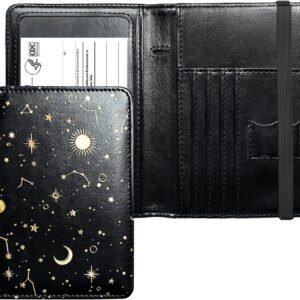 Mymazn Passport Holder with Clear Pocket Passport Case Passport Cover Women Passport Case with RFID Blocking and Vaccine Card Holder Travel Wallet (Black/Gold, Minimalist)