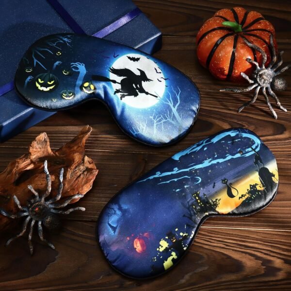 2 Pcs Sleep Eye Mask Halloween Pumpkin Wizard Bat Eye Mask with Adjustable Strap Spooky Black Cat Eye Cover Soft Lightweight Blindfold for Kid Teen Men Women Home Travel Yoga Nap Blindfold Game - Image 4