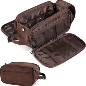 PAVILIA Toiletry Bag for Men Women, Mens Travel Bag Toiletries Organizer Case for Grooming, Travel Essentials Shaving Dopp Kit, PU Leather Water Resistant Cosmetic Pouch, Dark Brown