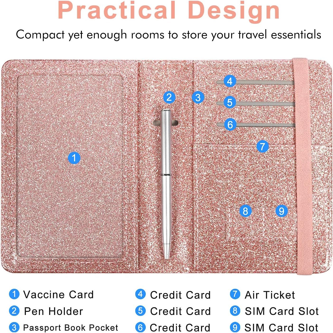 Caweet Passport Holder and Vaccine Card Holder Combo RFID Blocking Leather Vaccination Card Wallet with Elastic Band Closure, Glitter Rose Gold - Image 6