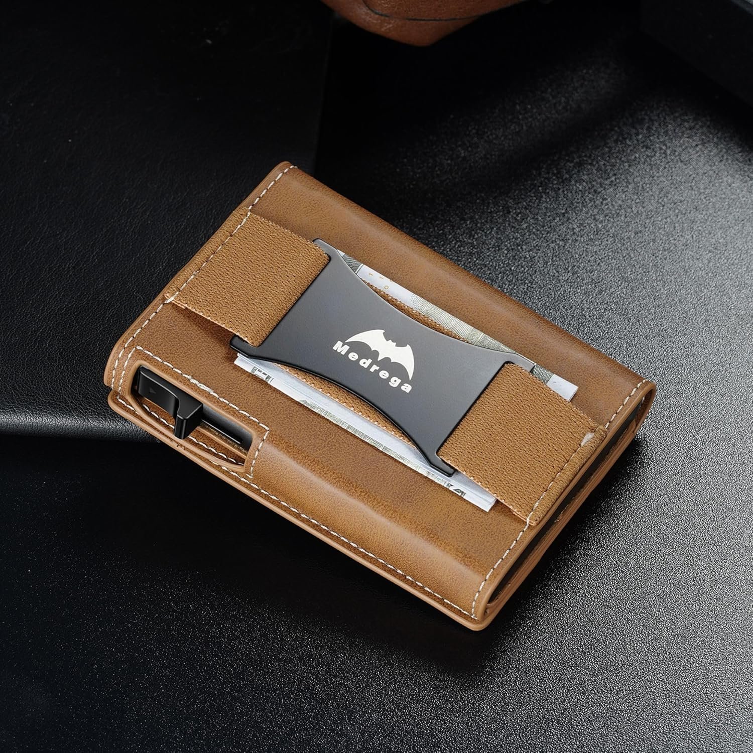 Smart Airtag Wallet for Men Slim: Pop up Card Wallet with Airtag Holder - Apple Air tag Wallet with Cash Strap - RFID Leather Trifold Wallet Men for Gifts - Image 5