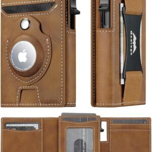 Smart Airtag Wallet for Men Slim: Pop up Card Wallet with Airtag Holder – Apple Air tag Wallet with Cash Strap – RFID Leather Trifold Wallet Men for Gifts