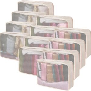 Silkfly 12 Pcs Packing Cubes for Suitcase Travel Luggage Bags Bulk Mesh Organizer Set for Hiking Camping Backpacking Clothes Accessories (Khaki)