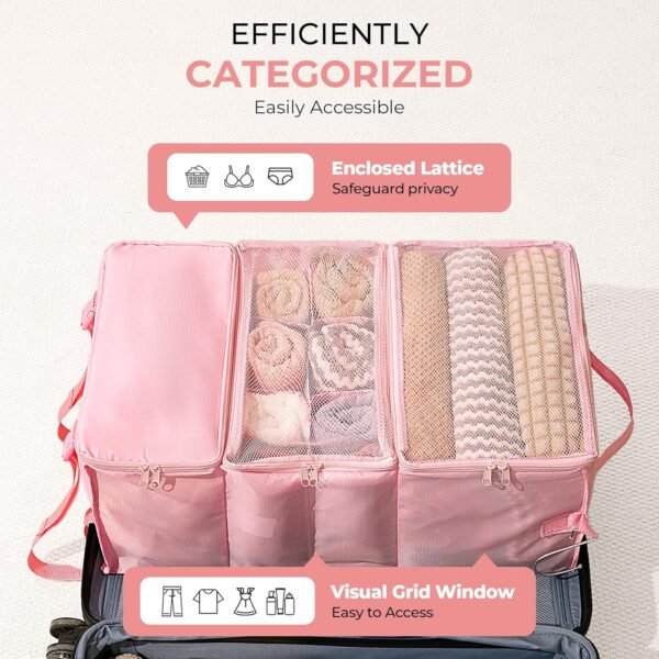 GRANNY SAYS Hanging Packing Cubes for Travel, Large Portable Hanging Suitcase Organizer, Foldable Compression Luggage Organizer Bags for Clothes, Carry on Closet Suitcase, XL-Pink Travel Shelves - Image 4