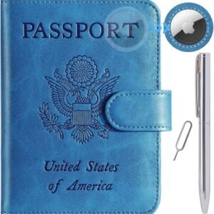 Airtag Passport Holder Cover Wallet RFID Blocking Leather Case Travel Essentials Luggage Accessories Travel Must Have(118#Blue)