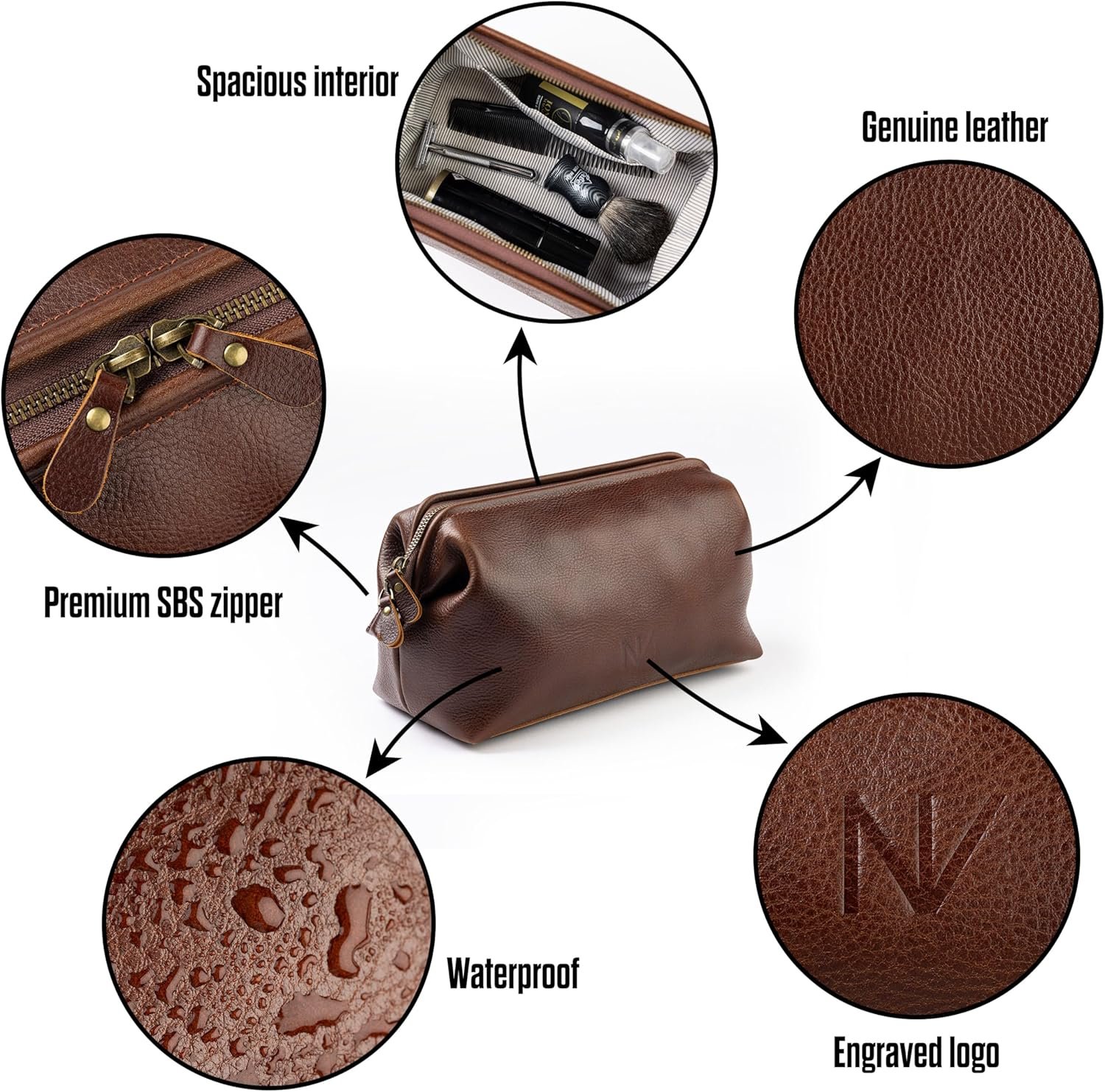 NV Holders Premium Genuine Leather Toiletry Bag for Men - The Ultimate Travel Dopp Kit and Hygiene Organizer, Perfect Men's Toiletry Travel Bag (Brown) - Image 2