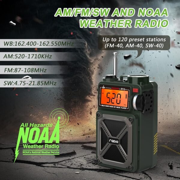Greadio Portable Shortwave Radios with NOAA Weather Radio, 14800mWh Digital Radio AM FM with Bluetooth 5.4, Crank/Solar/USB Charging, Support USB/TF, Charger Pack/SOS/Flashlight for Outdoor, Emergency - Image 2