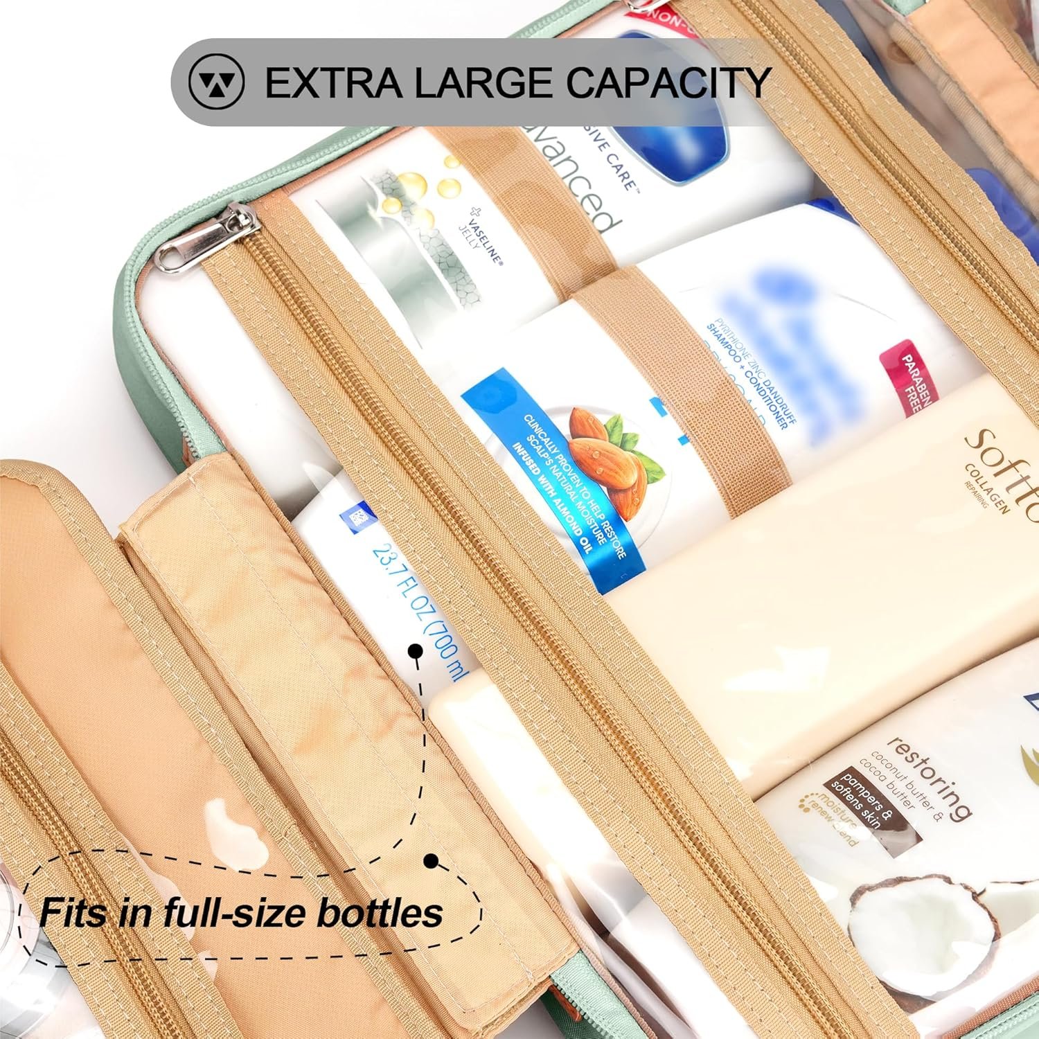 Travel Hanging Toiletry Bag for Women, Cruise Ship Essentials, with Jewelry Organizer, Extra Large Makeup Dopp Kit, Waterproof Cosmetic Bags, Toiletries Kit Set with Trolley Belt, Green - Image 4