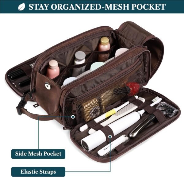 PAVILIA Toiletry Bag for Men Women, Mens Travel Bag Toiletries Organizer Case for Grooming, Travel Essentials Shaving Dopp Kit, PU Leather Water Resistant Cosmetic Pouch, Dark Brown - Image 2