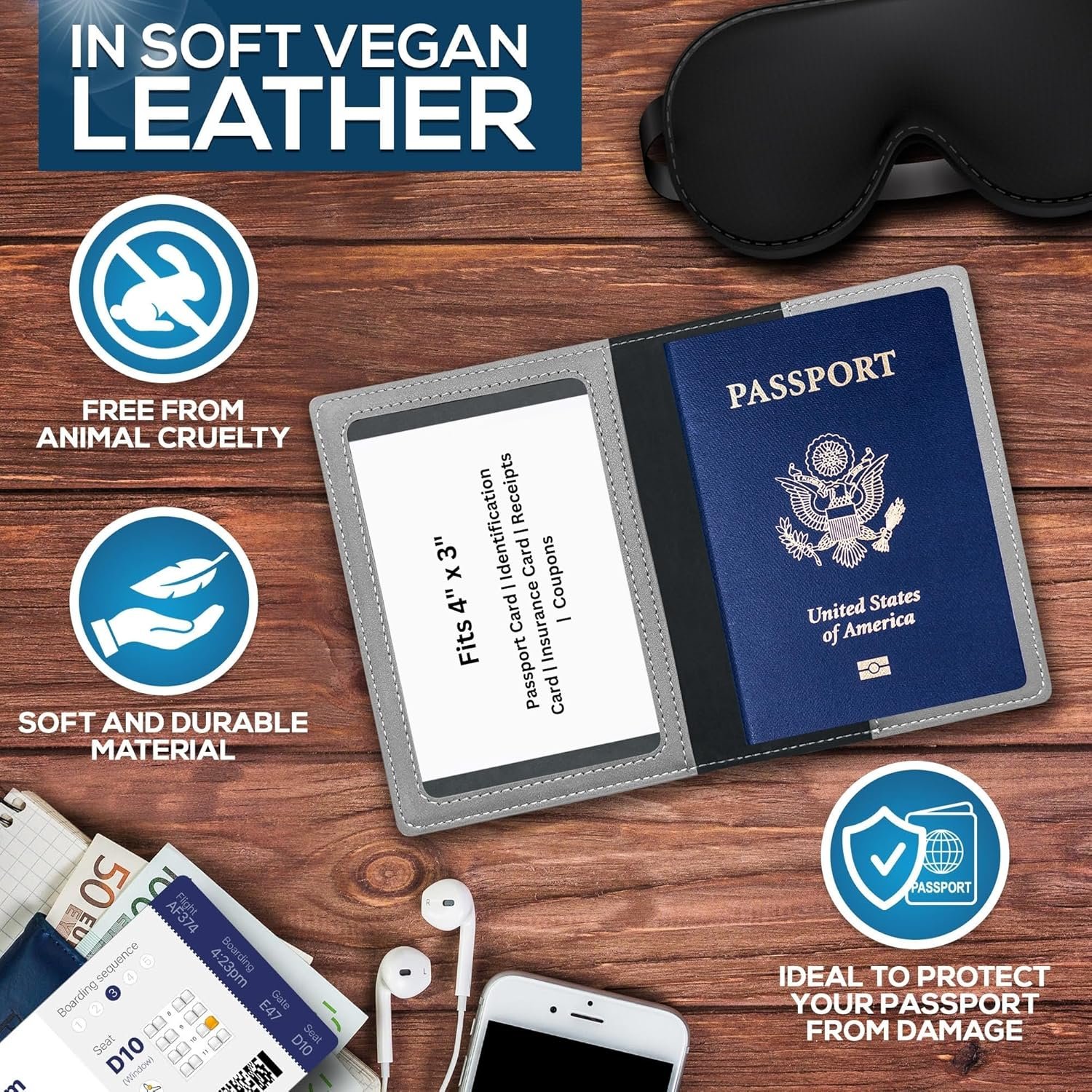 Ciana Passport Holder for Men and Women - PU Leather Passport Cover and Card Holder - Combo Slim Passport Holder with Card Protector Slot, Travel Must Haves (Gray) - Image 4