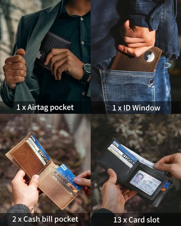 Mens Wallet With AirTag Holder, Bifold Leather RFID Blocking 1-2 ID Windows 12-13 Card Holders, Gift Box and Screen Protector Included, AirTag Not Included - Image 3