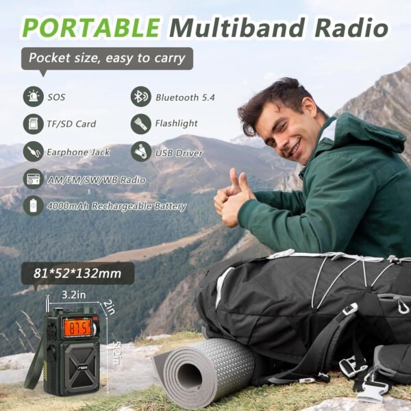 Greadio Portable Shortwave Radios with NOAA Weather Radio, 14800mWh Digital Radio AM FM with Bluetooth 5.4, Crank/Solar/USB Charging, Support USB/TF, Charger Pack/SOS/Flashlight for Outdoor, Emergency - Image 8
