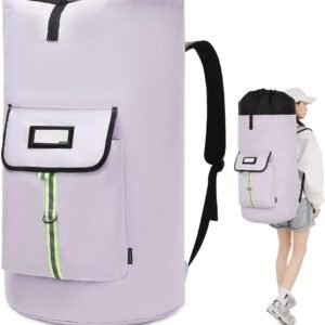 laundry bag backpack,extra-large heavy duty laundry bags,laundry backpack for college students,drawstring closure (Light purple laundry bag backpack)