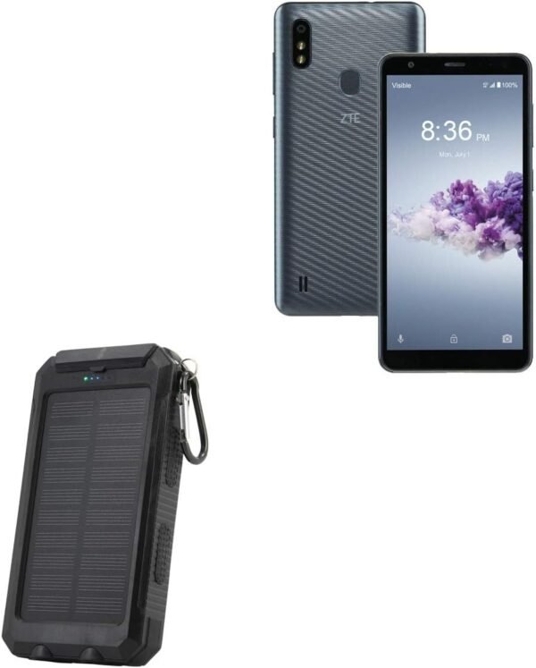 BoxWave Power Bank Compatible with ZTE Blade A3 Prime - Solar Rejuva PowerPack (10000mAh), Solar Powered Backup Power Bank 10000mAh - Jet Black