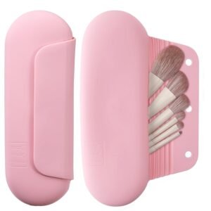 Silicone Makeup Brush Holder Travel Cosmetic Bag：Soft Portable Cosmetic Face Brushes Holder with Upgrade Anti-Fall Out Magnetic Closure, Large Travel Makeup Brush Case – Pink